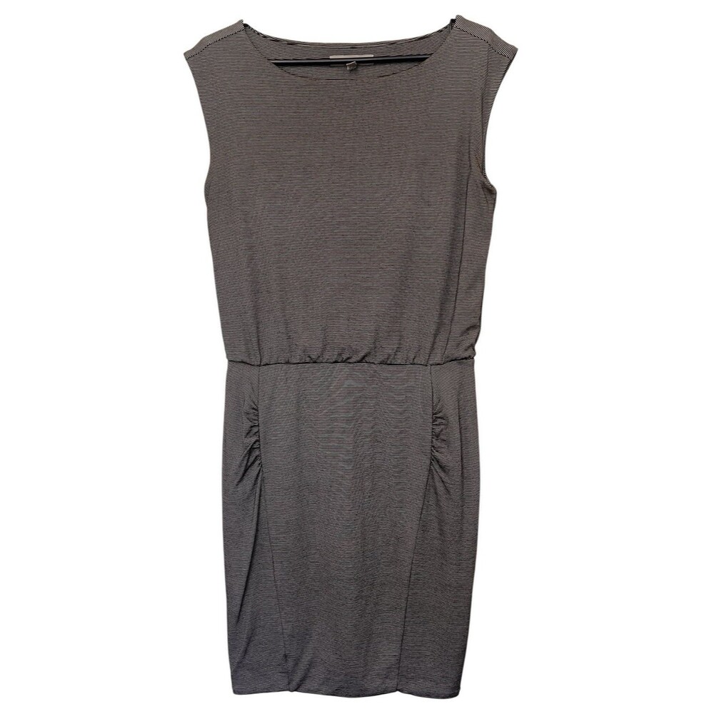 ATHLETA Black/White Westwood Micro Stripe Ruched Sleeveless Dress Stretch Small